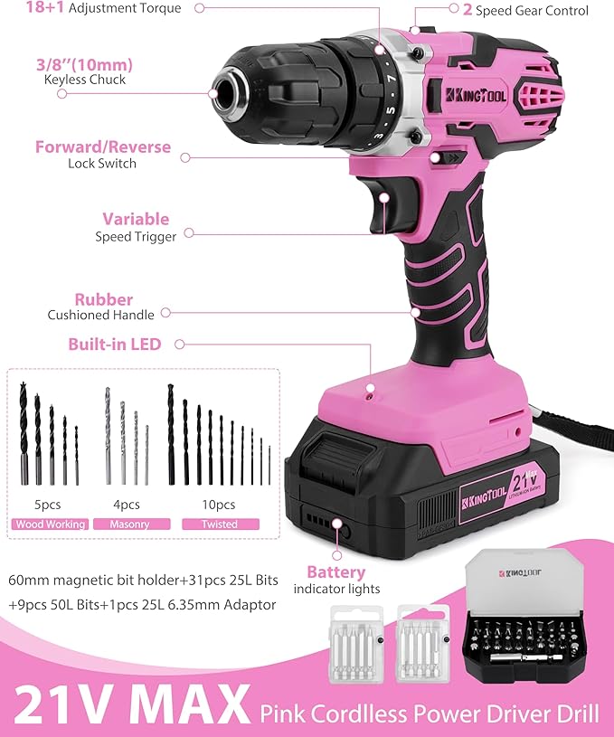 KingTool 267-Piece Tool Kit Set - Pink Tool Set with 21V Crodless Pink Power Drill Driver, Tool kit for Women with Pink Tool Storage Bag, Womens Tool Kit for House, Perfect for Home DIY Projects