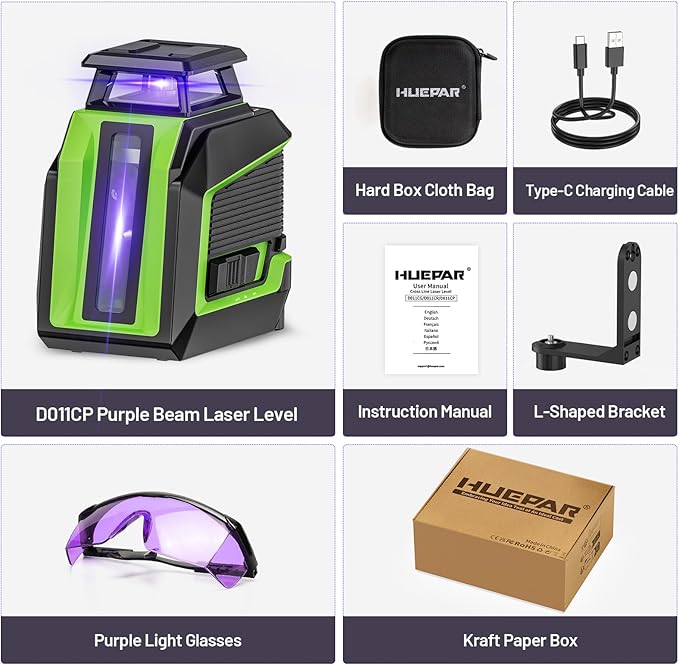 360° Laser Level, HUEPAR 82-165Ft 3 Brightness Levels Self Leveling Laser Level with Pulse Mode, Purple High Penetration Laser Rechargeable Li-ion Battery Lazer Leveler Tool for Indoor DIY Project