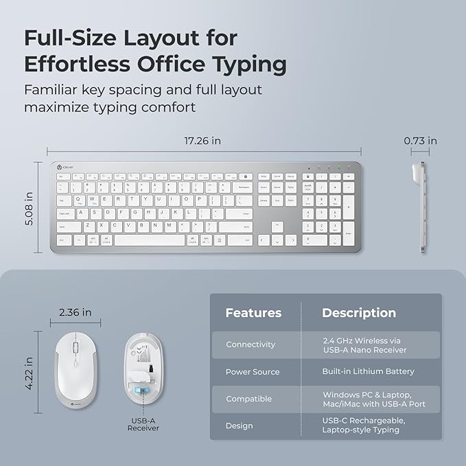 iClever Wireless Keyboard and Mouse, GK08 White Keyboard Mouse Combo, Ergonomic, Quiet, Full Size Design with Number Pad, 2.4G Connection for Mac, Windows and Computer