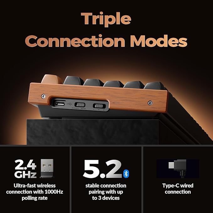 Keychron K8 HE TKL Wireless Bluetooth 2.4G Wired Triple Mode Hot Swappable Hall Effect Keyboard with QMK VIA Aluminum+Wood Frame Rapid Trigger for Mac Windows Linux-Black