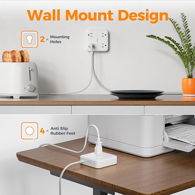 Surge Protector Flat Extension Cord 15Ft, TESSAN Flat Plug Power Strip with 4 Outlets 3 USB Ports (1 USB C), 900 Joules Protection, Multiple Wall Outlet Extender Suitable for Home Office Dorm, White