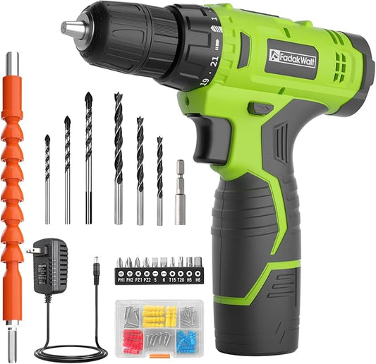 Cordless Drill Set,12V Power Drill Set with Battery and Charger, Electric Driver/Drill Bits, 3/8'' Keyless Chuck,21+1 Torque Setting, 180 inch-lbs, with LED Electric Drill Set (Green)