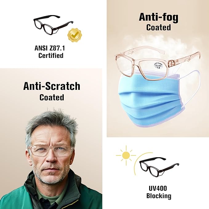 ProtectX Stylish Anti-Fog & Scratch-Resistant Safety Glasses With Readers, UV Protection Goggles, Anti-Impact Lightweight Glasses for Men＆Women Cold Brew Reading 1.0-6 Pack