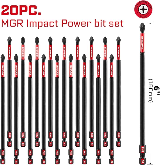 20Pack PH2 6 Inches Impact Tough Anti-Slip Screwdriver Bits, #2 Phillips 1/4 Inch Hex Shank Magnetic Tips Long Cross Screwdriver Bits Set, Bulk