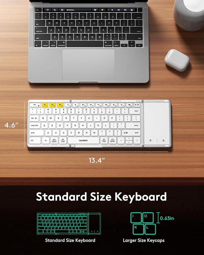 Samsers Foldable Bluetooth Keyboard with Touchpad, Full-Size Wireless Folding Keyboard with PU Leather, Portable Travel for iOS Android Windows Mac OS, Support 3 Devices (BT5.1 x 3), Silver
