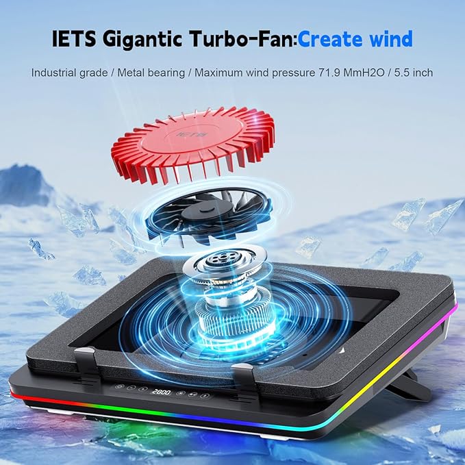 GT600 RGB Laptop Cooling Pad Equipped with Gigantic Turbo-Fan（5.5inch Diameter）,Sealed Foam for Rapid Cooling Gaming Laptop,14.1-19.3 inch Laptop Cooler with 3-Port USB Hub,Dust Filter