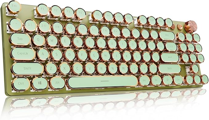 EWEADN V20 Green Typewriter Keyboard,87 Keys Backlit Typewriter Style Mechanical Keyboards, Media Control Knob, Wired/BT5.0/2.4G Typewriter Style Computer Keyboards Pink Switch for Windows/Mac/PC
