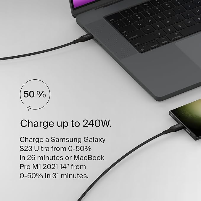 Belkin USB C to USB C Cable, 6.6ft, 240W - Type C Charger, iPhone Charger Cord, Fast Charging for iPhone 16, Galaxy S25, Pixel 9, MacBook, Chromebook, iPad Pro, Switch Steam Deck - Black