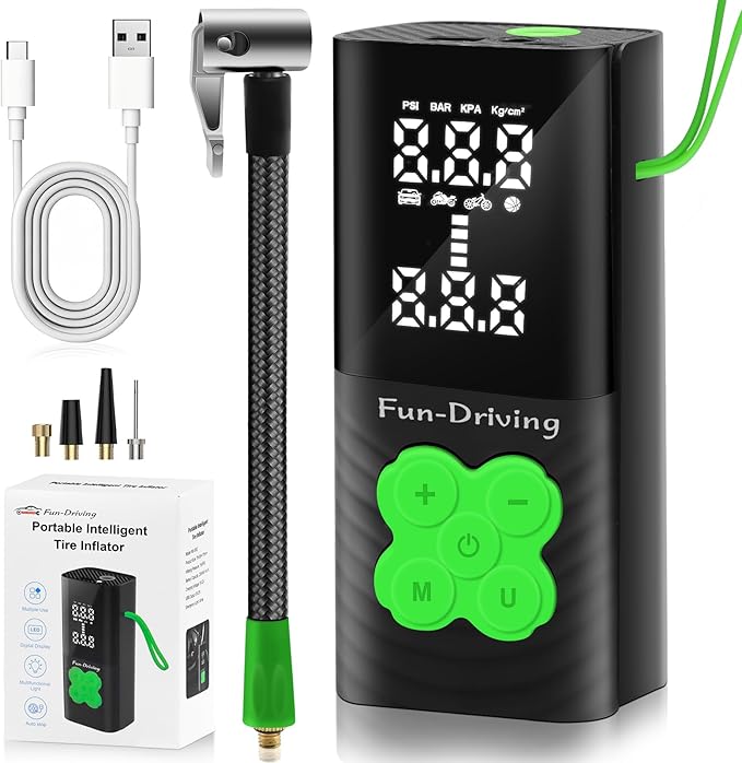 FUN-DRIVING Portable Air Compressor Tire Inflator Air Pump for Car Tires with Tire Digital Pressure Gauge 150PSI 16000mAh for Car, Bike, Motorcycle, Ball