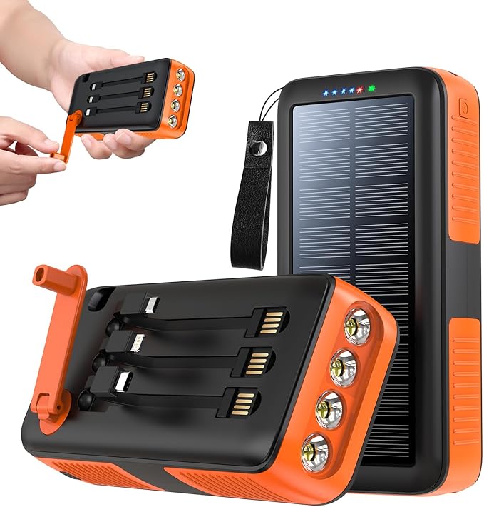 Solar Charger Power Bank 63200mAh, Portable Charger with Dual Outputs & Dual Inputs 4 LEDs Flashlight, Hand Crank Power Bank Fast Charging Battery Pack for Outdoor Camping Survival Gear