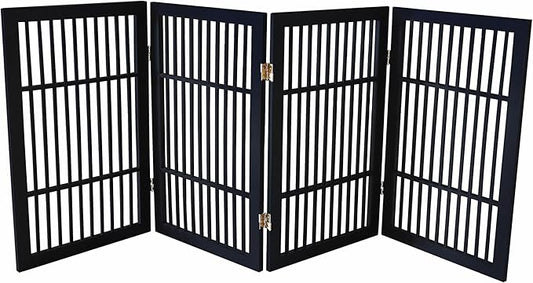 Pet Dog Gate Strong and Durable Freestanding Folding Acacia Hardwood Portable Wooden Fence Indoors or Outdoors by Urnporium (Black Pet Gate, 4 Panel 30" Tall)