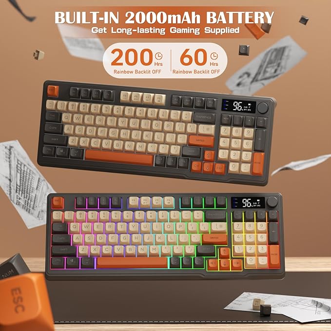 ZIYOU LANG M96 Wireless Gaming Silent Membrane Keyboard,Display Screen & Knob with Multimedia Keys Dual Mode Bluetooth/2.4Ghz,Rainbow Backlight 94Keys Ball Shape PBT Keycap ANSI Layout for Win/Mac