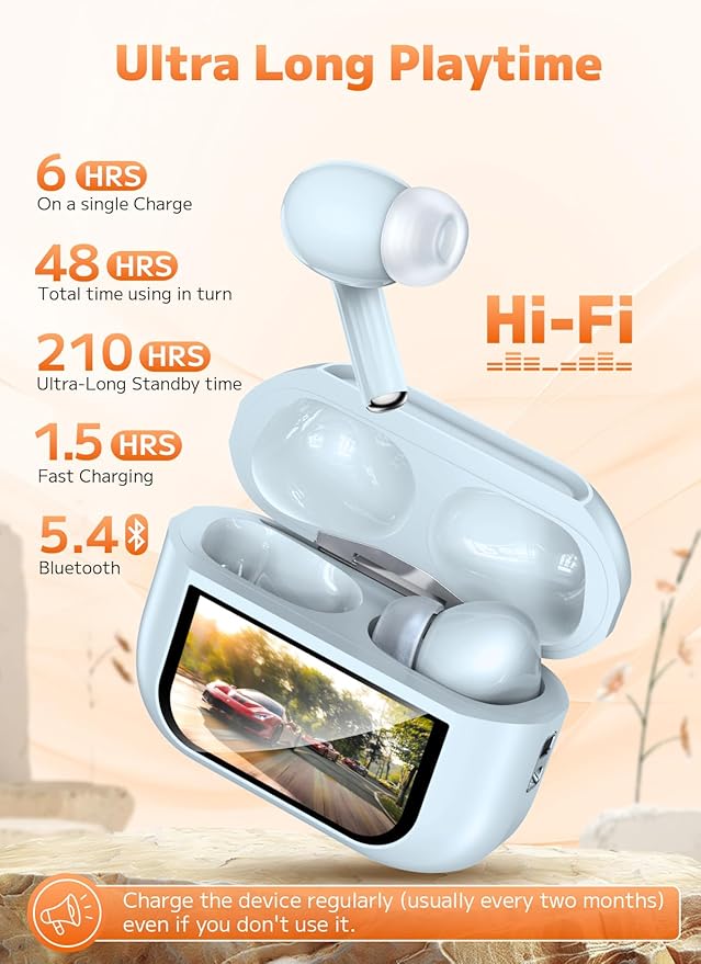 Wireless Earbuds, Bluetooth 5.4 Ear Buds with Multifunctional Touch Screen, ANC/ENC Noise Cancelling Headphones with 48H Playtime, Bass Stereo Sound, for Laptop, Android/iOS, Pad- Sky Blue