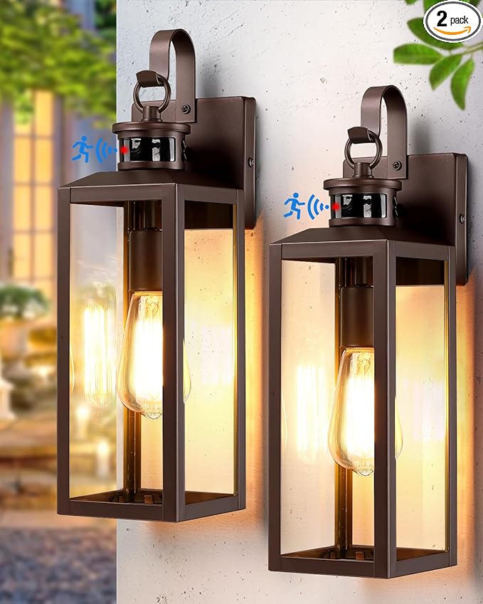 17'' Motion Sensor Outdoor Lights Wall Mount, Dusk to Dawn Exterior Light Fixture, Waterproof Anti-Rust Porch Light Outside Wall Lights for House, Brown Wall Sconce Lanterns with Clear Glass, 2 Pack