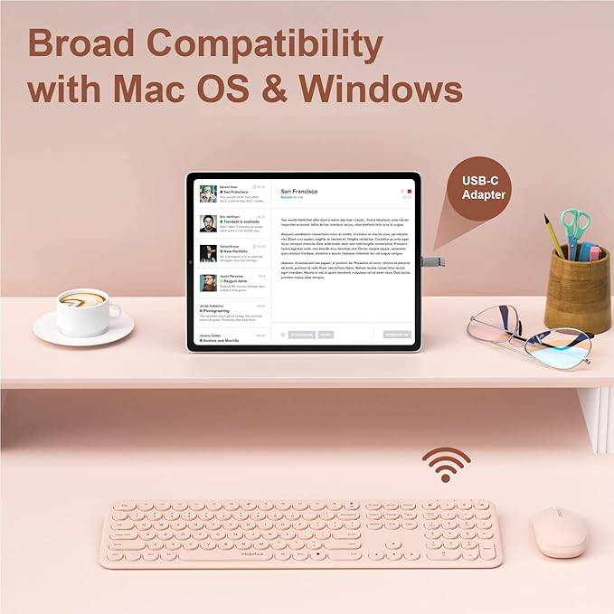 Cute Keyboard and Mouse Wireless for PC Computer/Laptop/Windows/Mac/Tablets, Ultra-Thin 2.4GHz USB Cordless Full-Sized Silent Retro Computer Keyboard Mouse Combo (Pink)