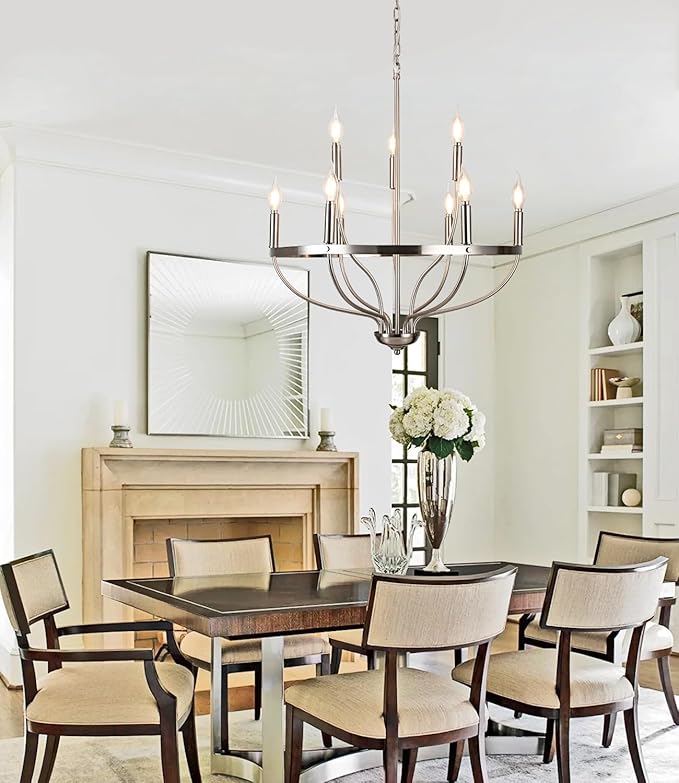 Modern Brushed Nickel Chandeliers Farmhouse Candle 9-Lights Dining Room Light Fixture Industrial Ceiling Hang Light Fixture for Kitchen Living Room Entryway
