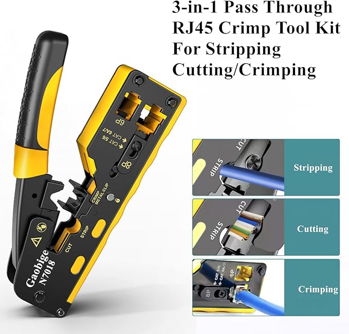 Pass Through rj45 Crimp Tool Kit, Network Tool Kit, Cat7 Cat6A Cat6 Cat5e Cat5 rj45 Crimping Tool with 50PCS cat6 Pass Through Connectors, Network Tester, Wire Cutter
