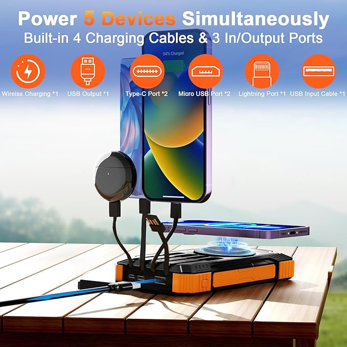 WONGKUO Solar Charger Power Bank - 49800mAh Solar Phone Charger with USB-C in/Output, QC 3.0 Fast Charging with LED Flashlight, Portable Power Bank Built-in 4 Cables, IP65 Waterproof Fits for Outdoor