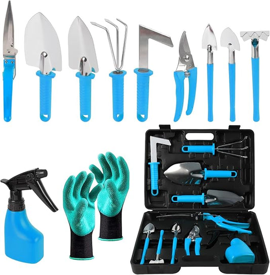 Gardening Tool Set, 11 Pieces Gardening Tools with Carrying Case, Garden Tool Kit for Digging Planting Pruning, Unique Gardening Set with Gloves for Women and Men (Blue)