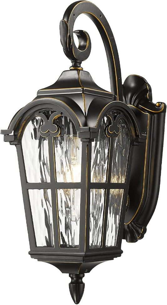 Emliviar Vintage Outdoor Lighting Fixture Wall Sconces with Water Ripple Glass, 17.5" Front Porch Wall Lantern, Black Finish with Gold Edges, WE215B-SW BG