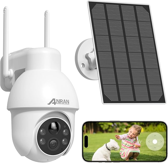 ANRAN 2K Solar Security Camera Outdoor Wireless, Solar-Powered WiFi Camera with 360° PTZ for Home Security, 3MP Color Night Vision, PIR Motion Detection, Two-Way Audio, Works with Alexa