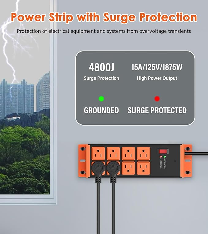 2 Pack Heavy Duty Power Strip 8 Outlets, Work Shop Outlet Strip Surge Protector 4800J, Industrial Metal 15Amp Power Strip, 6FT Extension Cord, ETL Listed