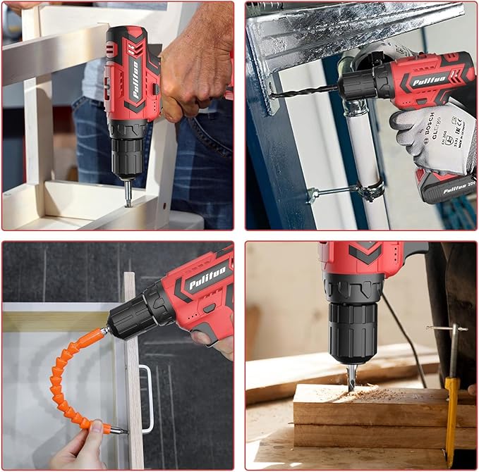 PULITUO Cordless Drill Set, 20V Electric Power Drill with Battery And Charger, 30N.m and 21+1 Torque, 2 Variable Speeds, with 59pcs Drill Driver Bits Kit, Screws Set，(Red)