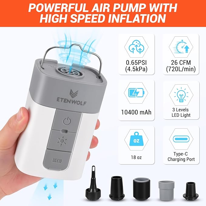 ETENWOLF AIR 5 PRO MAX Air Pump for Inflatables, Portable Electric Air Pump with 10400 mAh Battery, 4X Quick Inflator & Deflator, 720 L/min Pump for Pool Floats, Vacuum Storage Bags