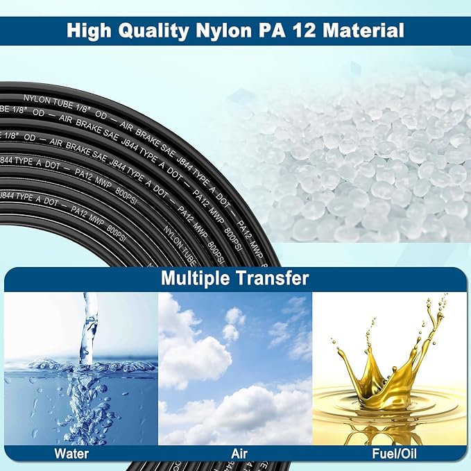 50FT 1/8 DOT Air Line SAE J844 PA12 Nylon Air Hose with Cutter 1/8” OD Pneumatic Tubing DOT Approved 1/8 Air Brake Hose for Air Suspension Kit Truck Trailer Brake System & Fluid Transfer 15.5m