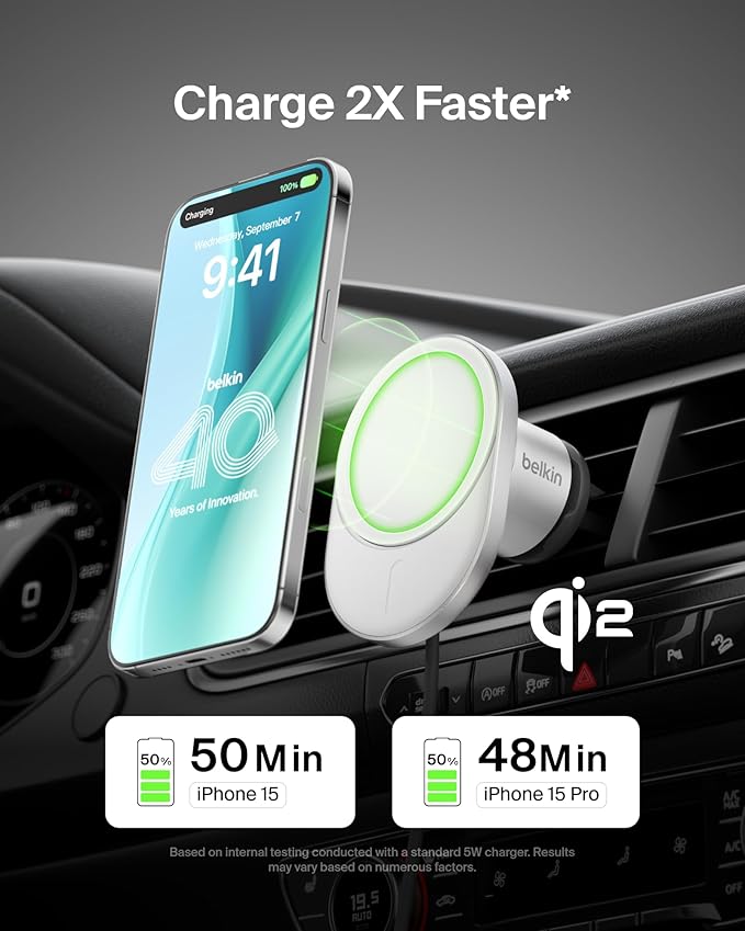 Belkin Wireless Car Charger 15W - MagSafe-Compatible Magnetic Charger - Qi2-Certified Wireless Charger, Magnetic Car Vent Phone Mount for iPhone 16, 15, 14, 13, 12, & Samsung Galaxy S25 Series - Gray