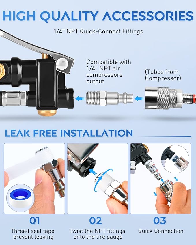 Nilight - 50057A Digital Tire Inflator Deflator with Pressure Gauge 250 PSI Air Chuck and Compressor Accessories with Rubber Hose and Quick Connect Coupler for 0.1 Display Resolution