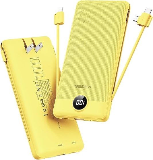 VEGER Portable Charger for iPhone with Built in Cables and Wall Plug, 10000mah Slim Fast Charging USB C Power Bank, Travel Essential Battery Pack Compatible with iPhone, iPad, Samsung etc(Yellow)