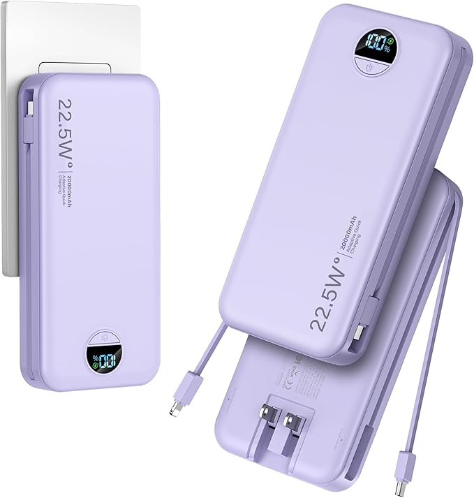 20000mAh Ultra-Portable-Charger-Power-Bank with Built in Cables&AC Wall Plug,PD20W USB-C Fast Charging Cell Phone Charger Battery Pack,LED Display Travel Battery Bank for All iPhone,Samsung,Android