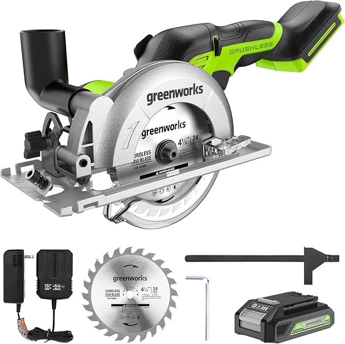 Greenworks 24V Brushless Small Circular Saw,4-1/2" Compact Circular Saw, 6500 RPM Mini Circular Saw,2.0Ah Battery and Compact Charger Included