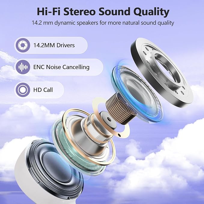 Wireless Earbuds 2025 NEW Bluetooth 5.4 Headphones Bass 3D Stereo, In-Ear Earphones with 4 ENC Noise Cancelling Mic, 48H Playtime with LED Display, IPX7 Waterproof for Laptop Android iOS, Light Purple