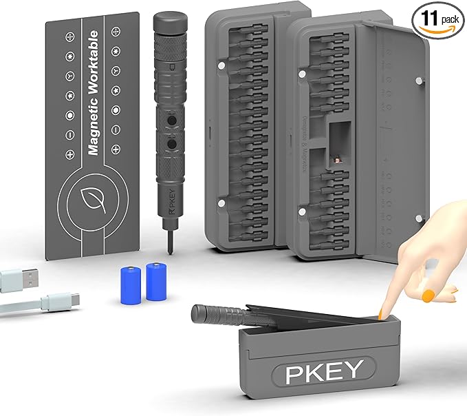 PKEY Cordless Electric Screwdriver Set, Mini Electric Screwdriver, 28 Magnetic Bits, 3 Gears Torque, Two batteries，Rechargeable Portable Repair Tool Kit for Electronics Laptops Clocks Glasses Camera