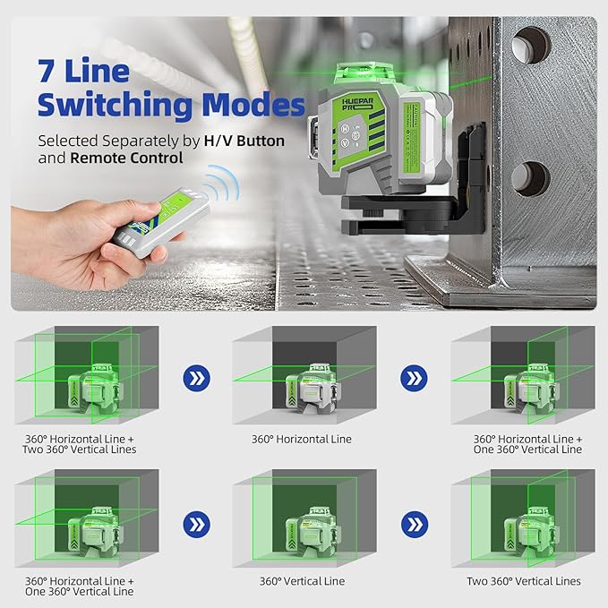 Laser Level 360 Self Leveling, Huepar Pro 3x360°High Accuracy Green Cross Line Laser for Construction and Picture Hanging, 12 Lines Level Laser Tool with 8000mAh Rechargeable Battery & Remote Control