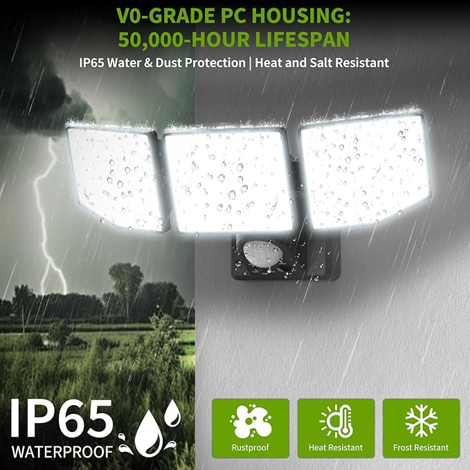 38W LED Security Lights Outdoor with Remote Control, 7500LM Motion Sensor Floodlight, 3 Modes, 6500K, IP65 Waterproof, Dusk to Dawn 3-Head Fixture for Garage, Yard, Porch (Black)