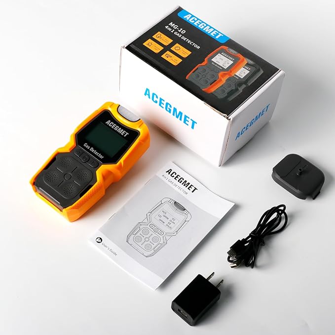 ACEGMET Gas Detector, 4 Gas Monitor Multiple Indicator (Vibration, Audible, Visual) H2S, O2, CO and LEL 4 Gas Monitor Personal Rechargeable 4 Gas Meter 2 Years of Sensor Life Gas Sniffer