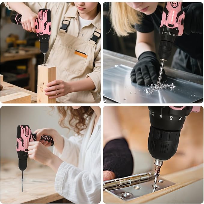 COMOWARE 12V Pink Cordless Drill Home Tool Kit, Pink Drill Set for Women, Lady's Home Repairing Tool Kit Hand Tool Set for DIY Large-Capacity Tool Storage Bag Included