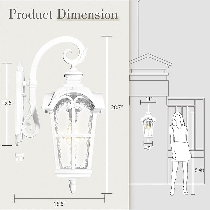 Emliviar 1-Light 28.7" Wall Sconce with Water Grain Glass, Vintage Farmhouse Wall Lamp for House Porch, White Finish in Die-cast Aluminum, WE215BL WH