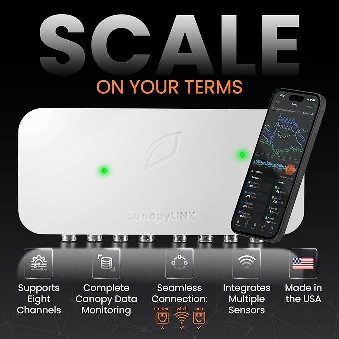 canopyLINK Sensor Hub – Connects Up to 8 Substrate or Climate Sensors – Compatible with CO2, Moisture, Light, and More – Smart Monitor for VWC, Conductivity, Temperature, RH, VPD