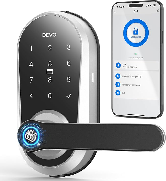 Devo G7 Smart Door Lock with Handle, Keyless Entry Door Lock, Touchscreen Keypad Deadbolt, Fingerprint Door Knob, Built-in-Wi-Fi, APP Remote Control, Auto Lock, Easy Installation
