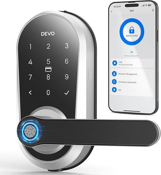 Devo G7 Smart Door Lock with Handle, Keyless Entry Door Lock, Touchscreen Keypad Deadbolt, Fingerprint Door Knob, Built-in-Wi-Fi, APP Remote Control, Auto Lock, Easy Installation