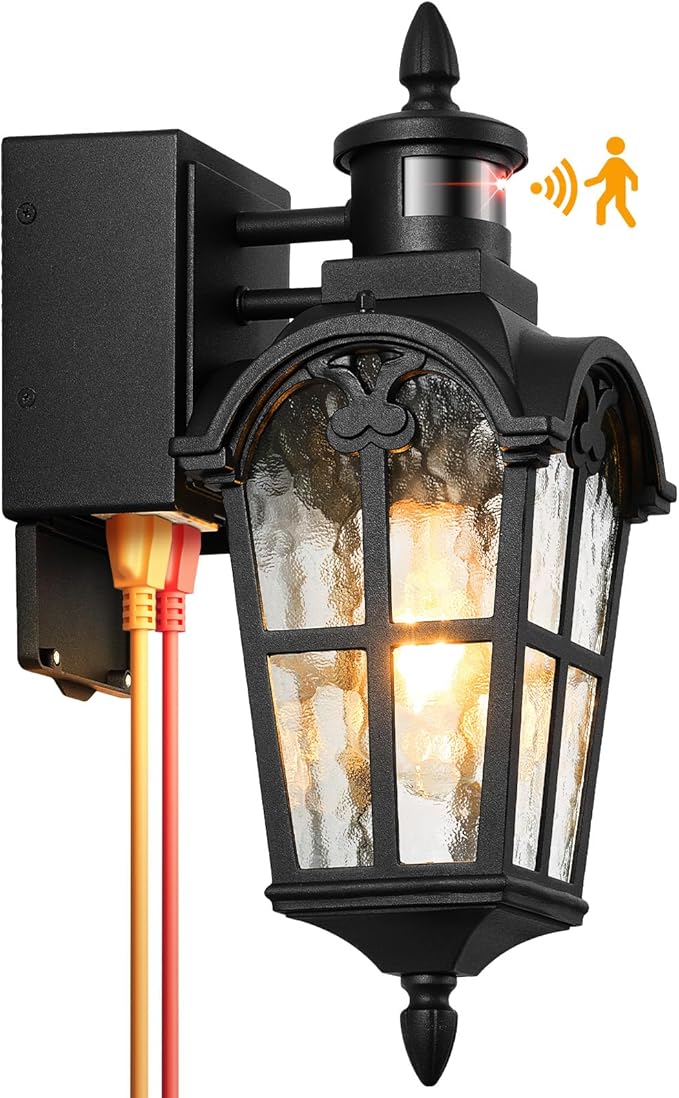 Motion Sensor Outdoor Lights with GFCI Outlet, 16.4" H Black Porch Light Outdoor, Dusk to Dawn Outside Lighting for House, Aluminum Anti-Rust Outside Light Fixtures Wall Mount for Garage Patio