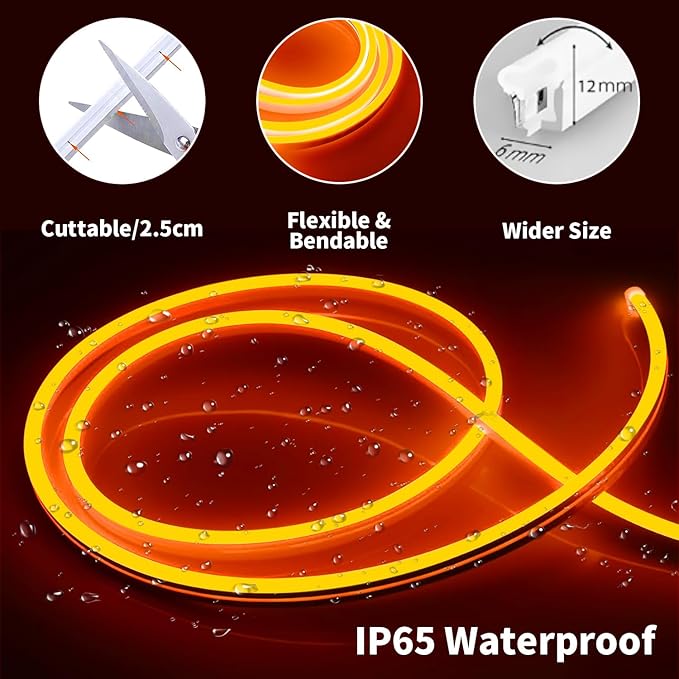 iNextStation 12V Orange LED Strip Lights 16.4FT, Flexible Silicone Neon Rope Light, Waterproof, Cuttable, Dimmable & Linkable, for Cabinet, Ceiling, Wall, Bedroom, Kitchen, Garage (No Adapter)