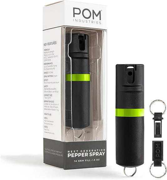 POM Pepper Spray Keychain, Quick Key Release for Instant Access, Flip Top Safety, Maximum Strength OC Formula with UV Marking Dye, 25 Bursts, 10 ft Range, 0.5 fl oz