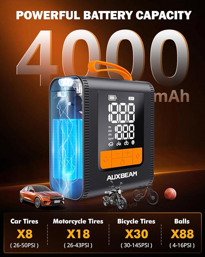 AUXBEAM H4 Portable Air Compressor, 150PSI 4000mAh Car Tire Inflator Pump, 12V 4 Preset Inflation Modes, Cordless Smart Air Pump With LCD Screen for Car, Motorcycle, Bike, Ball