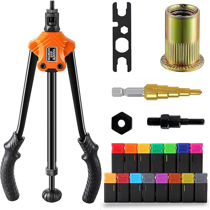 Rivet Nut Gun Professional Hand Tool Grip Lightweight, with 7 x Metric Mandrels 8 x SAE Mandrels 1 x Wrench Tool 1 x Pagoda Bit 100pcs Rivet Nuts and Sturdy Blow Moulded Carrying Case