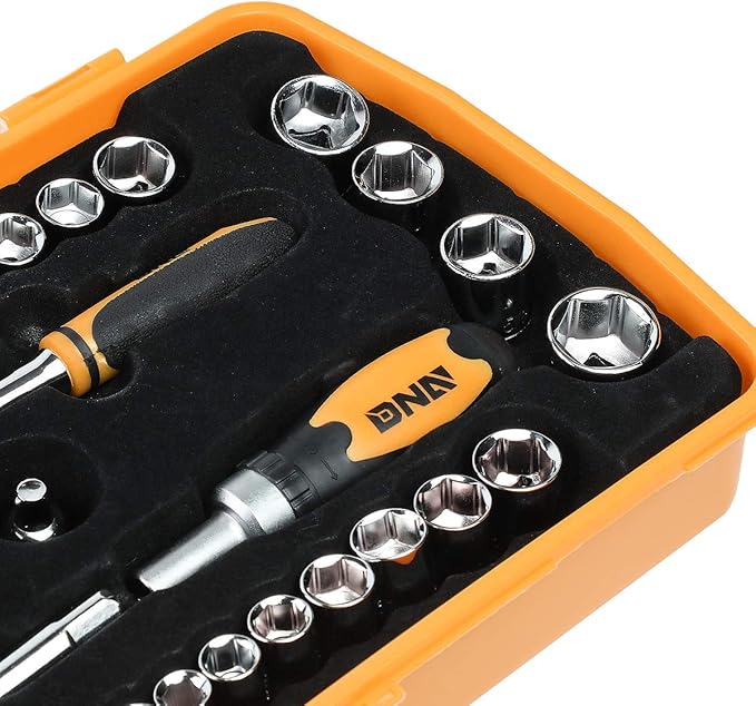 DNA MOTORING Home Repair Tool Set, Magnetic Screwdriver Socket Set, Ratchet Screwdriver Tools Set for Mechanics and DIY, w/Storage Box, Orange, TOOLS-00037